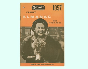 Rexall Drug Store, 1957 Rexall Family Almanac & Moon Book, Yvonne De Carlo Cover, Promotional Advertising  West Winfield NY J. C. Colwell