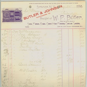 Papel antiguo Ephemera, Billhead, membrete, mayordomo y Johnson, Syracuse NY 1890 Factura manuscrita del hardware a L. J. Macy de Pulaski, NY
