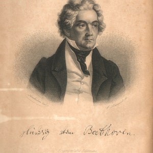 May include: An antique portrait of Ludwig van Beethoven, rendered in black and white. The image features a bust of the composer, with his name inscribed below. The portrait is set against a sepia-toned background.