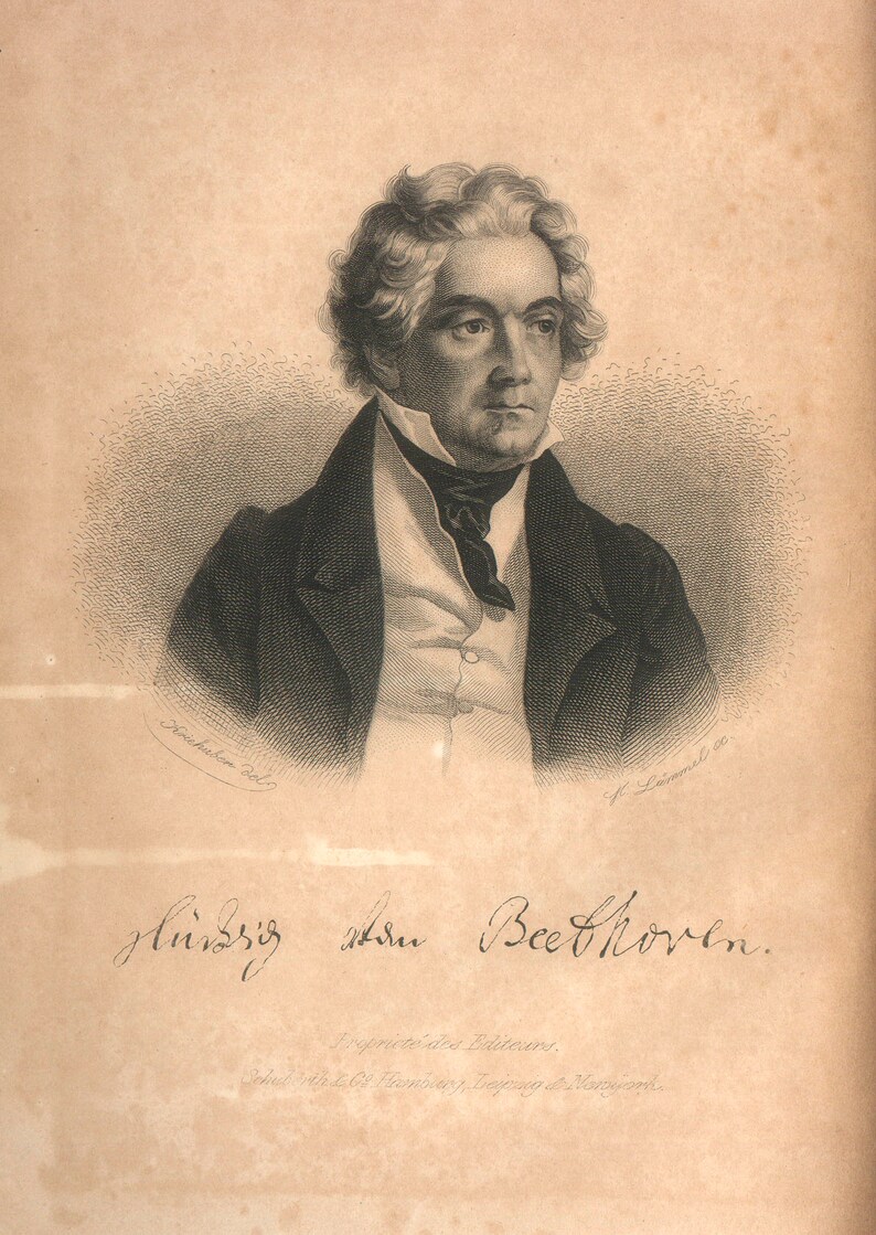 May include: An antique portrait of Ludwig van Beethoven, rendered in black and white. The image features a bust of the composer, with his name inscribed below. The portrait is set against a sepia-toned background.