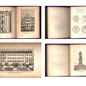 May include: A vintage book with several open pages displaying detailed black and white illustrations. The illustrations depict architectural drawings of buildings, including a multi-story structure and a building with a gabled roof. Other pages show coin illustrations.
