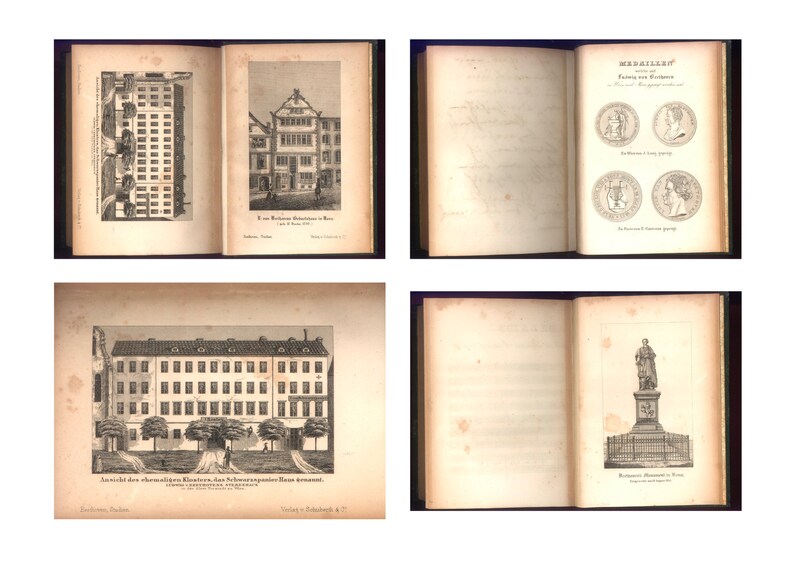May include: A vintage book with several open pages displaying detailed black and white illustrations. The illustrations depict architectural drawings of buildings, including a multi-story structure and a building with a gabled roof. Other pages show coin illustrations.