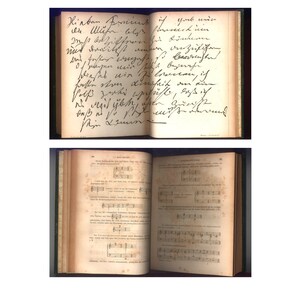 May include: Two antique books are open, displaying handwritten text and musical notation. The top book features cursive script on aged paper. The bottom book shows sheet music with notes and lyrics, with yellowed pages and a worn appearance.