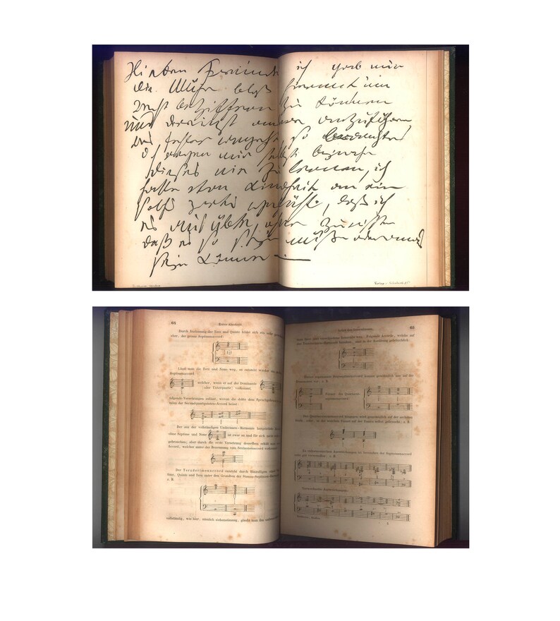May include: Two antique books are open, displaying handwritten text and musical notation. The top book features cursive script on aged paper. The bottom book shows sheet music with notes and lyrics, with yellowed pages and a worn appearance.