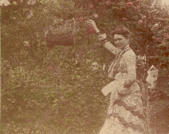 Antique Hand-Tinted Color Stereoscope Picture Photograph of Lovely Genteel Victorian Lady with Roses and Spaniel Dog, 1901