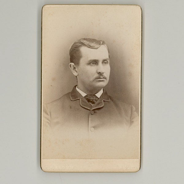 Serious Young Man with Mustache in Suit, Photo Taken by A. V. Brown, Springfield, Massachusetts. 1880s CDV, Antique Photograph