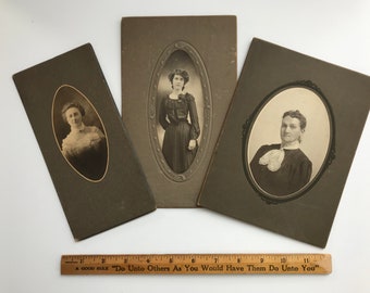 3 Antique Early 1900s Portrait Photographs of Women with Thoughtful Expressions. Embossed Oval Mounts,