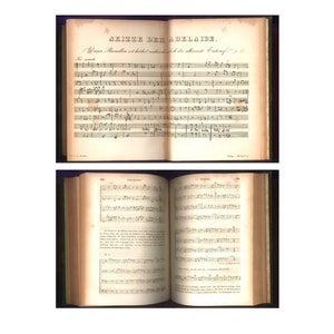 May include: Two open antique books with aged, yellowed pages. The top book displays musical notation with German text, titled "Skizze der Adelaide." The bottom book also features musical notes and German text. The books have a dark green cover.