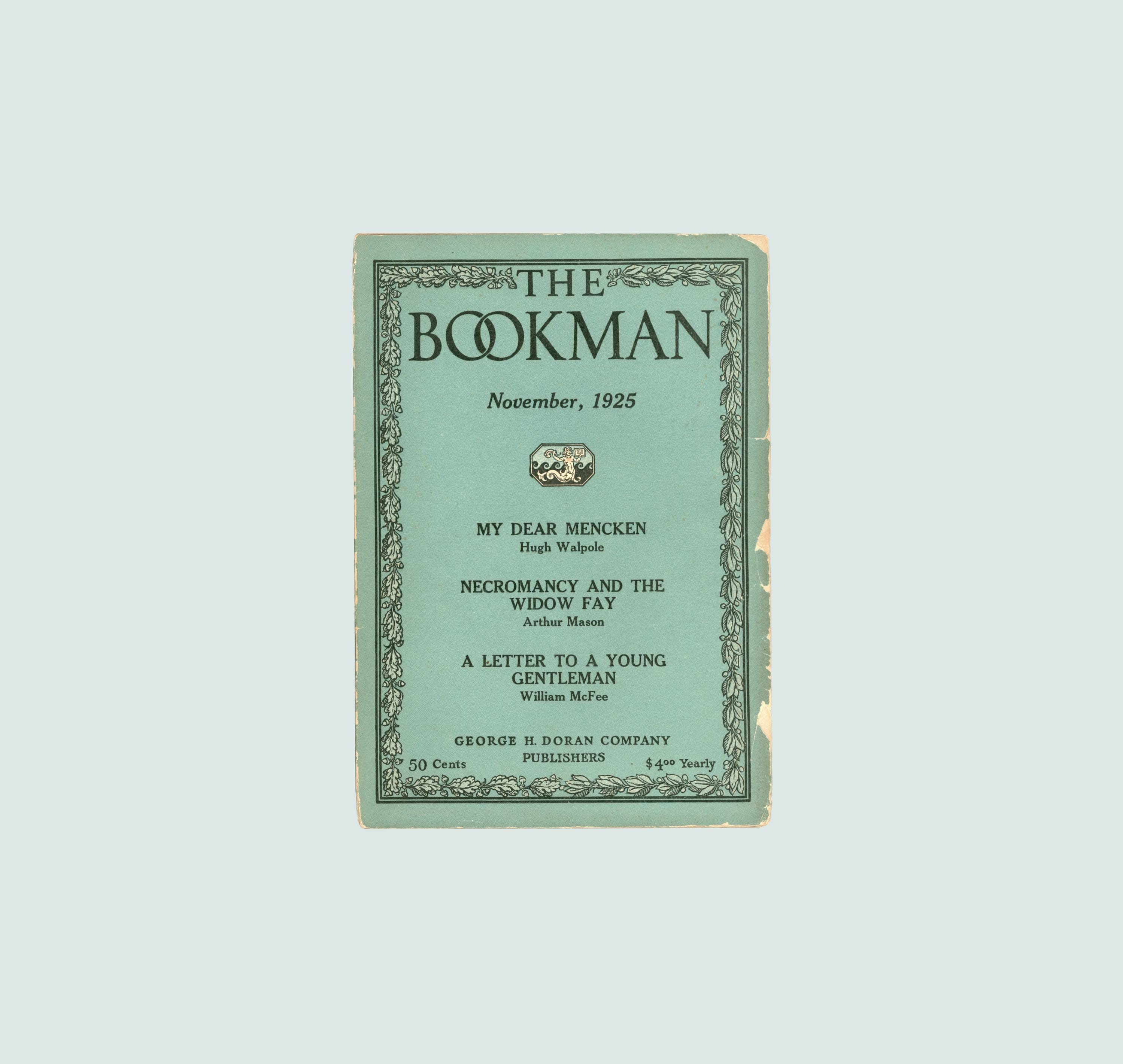 Bookman, noviembre de 1925. Caricatura de Guyas Williams, Hugh Walpole sobre Mencken, Corey Ford, Babette Deutsche, etc. Publicación periódica antigua.