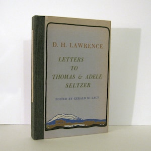May include: A book titled "Letters to Thomas & Adele Seltzer" by D. H. Lawrence, edited by Gerald M. Lacy. The book cover is light blue with a dark blue and brown illustration of a landscape.