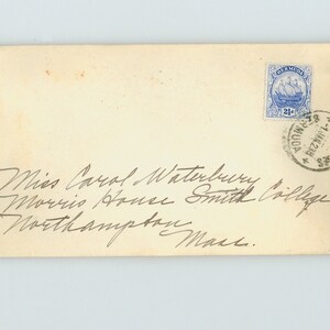 May include: A white envelope with blue postage stamp and a handwritten address to Miss Carol Waterbury, Morris House, Smith College, Northampton, Mass.