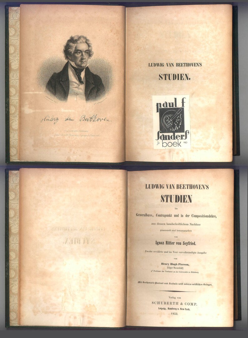 May include: Open book with a portrait of Ludwig van Beethoven and text in German. The book's title is "Studien" and includes the publisher's logo. The pages are aged with a decorative border.