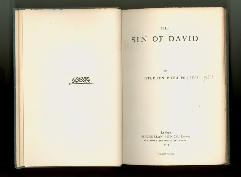 The Sin of David, by Stephen Phillips, a Play About the English Civil War. Royalists versus Parliament, 1904 Macmillan First Trade Edition image 5