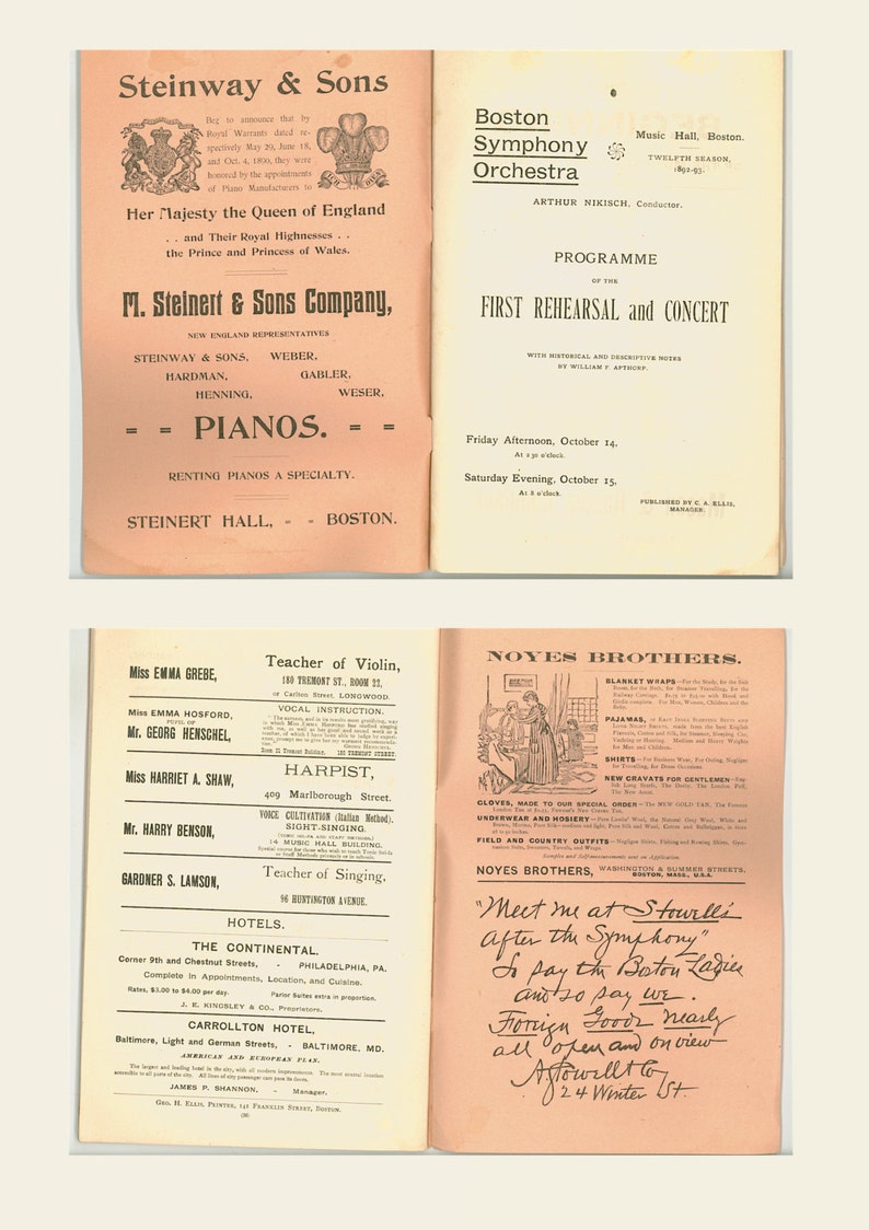 Boston Symphony Orchestra 12th Season 1892-93 Programme First Rehearsal /& Concert Beethoven Wagner Antique Book with Period Advertising