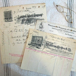 Papel efímero antiguo: 3 membretes, década de 1880 - principios de 1900, William R. Warner, Vanhorne Griffen y Samuel Ward Companies. Caligrafía de la época.