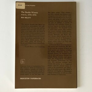 May include: A brown book cover with the title "The Double Witness" by Ben Belitt. The book cover features a quote from Harold Bloom, Yale University, praising the author's work.