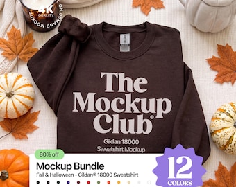 Ensemble de maquettes de sweat-shirts pliés pour Halloween et l'automne, Gildan 18000, vue à plat, ambiance automnale effrayante
