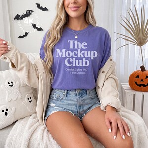 Halloween Spooky T-shirt Mockup, Violet Comfort Colors 1717, Fall Lifestyle