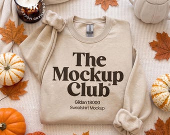 Fall Halloween Folded Sweatshirt Mockup, Sand Gildan 18000 Flat Lay, Spooky Autumn