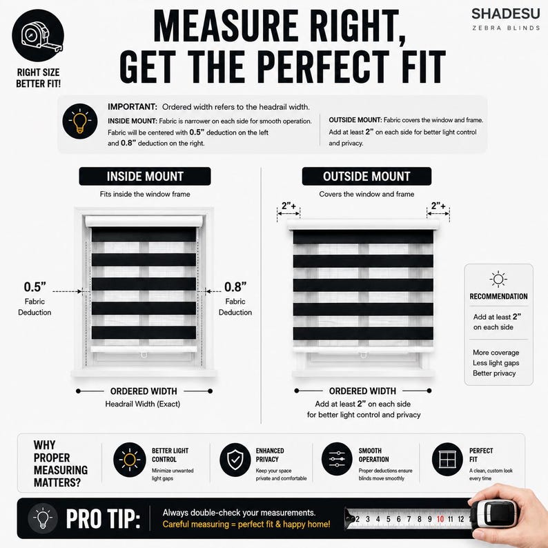 Pu&ograve; includere: Un'infografica didattica per le tende a rullo zebra Shadesu che illustra le tecniche di misurazione per montaggio interno ed esterno. Include diagrammi delle tende, deduzioni del tessuto di 1,27 cm e 2,03 cm e un metro a nastro.