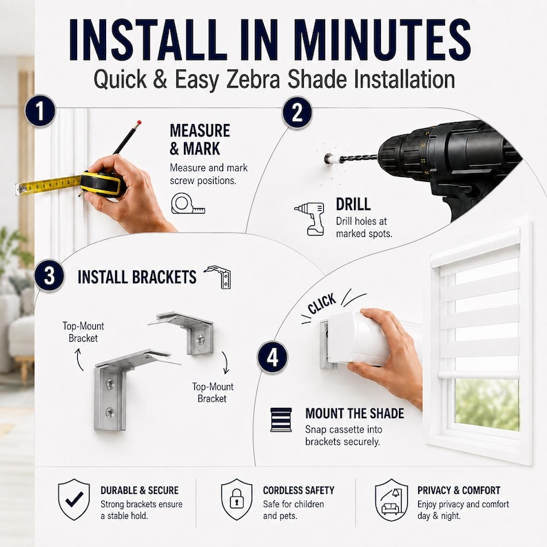 Pu&ograve; includere: Un grafico illustrativo intitolato INSTALL IN MINUTES Quick & Easy Zebra Shade Installation. Mostra quattro passaggi: misurare con un metro a nastro, praticare fori, installare staffe di montaggio in metallo e agganciare la cassetta della tenda.