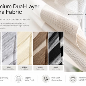 Pu&ograve; includere: Tende a rullo in tessuto zebra a doppio strato con fasce alternate trasparenti e opache per il controllo della luce. L'immagine mostra cinque opzioni di colore: bianco, grigio, crema, marrone e nero, con etichette sulle funzioni.