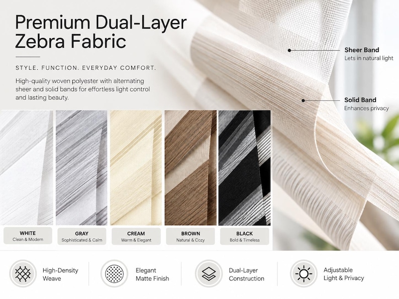 Pu&ograve; includere: Tende a rullo in tessuto zebra a doppio strato con fasce alternate trasparenti e opache per il controllo della luce. L'immagine mostra cinque opzioni di colore: bianco, grigio, crema, marrone e nero, con etichette sulle funzioni.