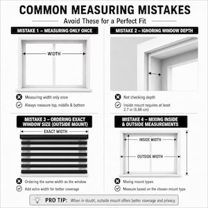 Pu&ograve; includere: Un'infografica intitolata COMMON MEASURING MISTAKES con quattro sezioni che illustrano gli errori di misurazione delle finestre. Mostra diagrammi di finestre con frecce che indicano larghezza e profondit&agrave;, insieme a istruzioni per montaggi interni ed esterni.