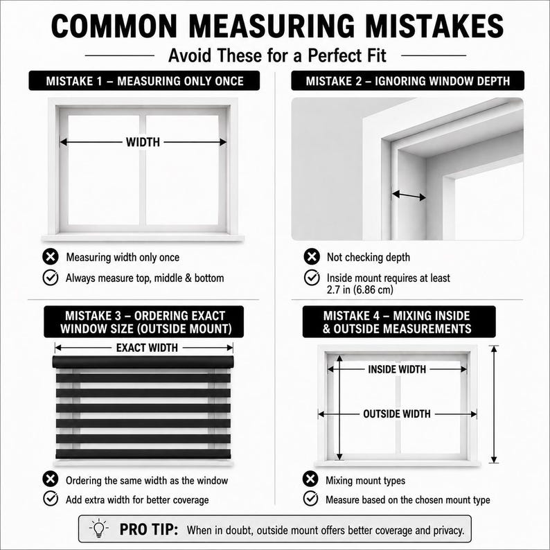 Pu&ograve; includere: Un'infografica intitolata COMMON MEASURING MISTAKES con quattro sezioni che illustrano gli errori di misurazione delle finestre. Mostra diagrammi di finestre con frecce che indicano larghezza e profondit&agrave;, insieme a istruzioni per montaggi interni ed esterni.