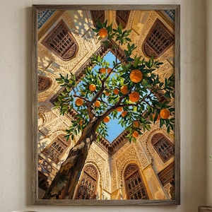 Puede incluir: Pintura enmarcada de un naranjo cargado de frutos, en un entorno arquitectónico ornamentado. La perspectiva contrapicada muestra las ramas del árbol hacia el cielo azul, rodeadas de detalles arquitectónicos.