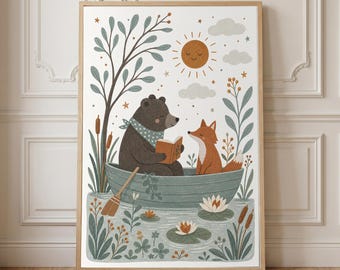 May include: A rectangular wall art print featuring a brown bear wearing a teal polka-dot scarf and an orange fox sitting together in a teal rowboat on a pond. The bear holds an open book, while the scene includes a sun, clouds, and water lilies.