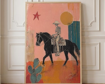 Skeleton Cowboy Western Art, Abstract Desert Horse Riding Print (Digital or Poster)