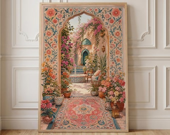 Moroccan Courtyard Archway Print, Persian Fountain Boho Floral Poster (Digital or Poster)