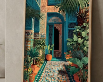 Moroccan Courtyard Art Print, Moorish Tile, Boho Decor (Digital or Poster)