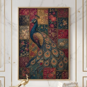 Estampado de colcha de pavo real mogol: Arte mural vintage de patchwork floral (digital o póster)