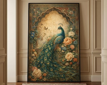 Vintage Peacock Floral Arch Print – Ornate Garden Wall Art (Digital or Poster)