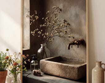 Wabi Sabi Bathroom Print, Stone Sink, Japandi Still Life (Digital or Poster)