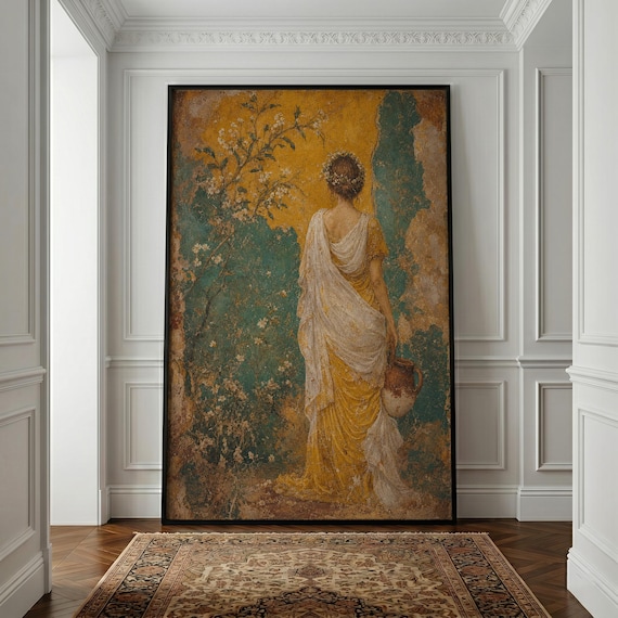Classical Greek Woman Fresco Print, Mythology Poster, Teal Gold Decor (Digital or Poster)