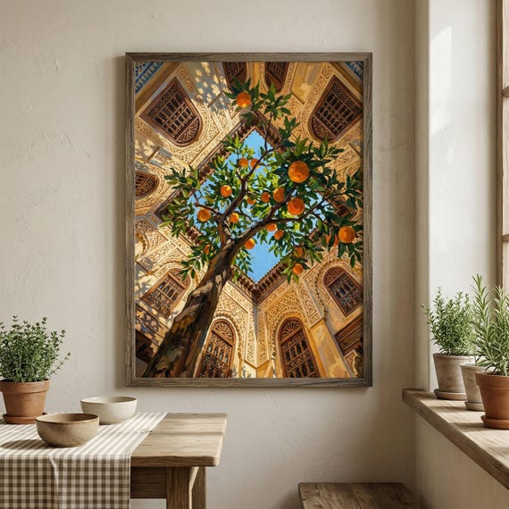 Sunny Moroccan Riad Courtyard Painting, Impressionistic Orange Tree Art Poster (Digital or Poster)