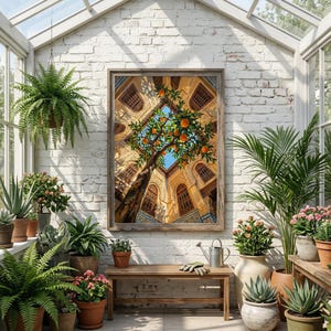 May include: A framed print of an orange tree, viewed from below, against a blue sky. The artwork is set in a sunlit greenhouse, surrounded by potted plants and a wooden bench. The print's architecture features intricate details.