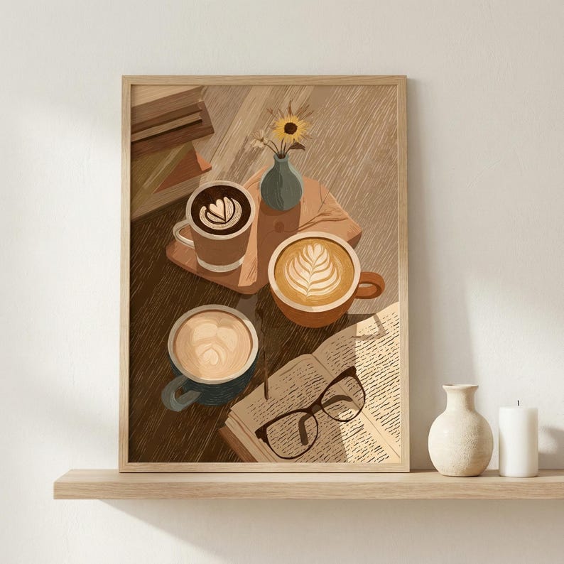 May include: A framed art print depicts a cozy coffee scene. Three mugs of coffee with latte art sit on a wooden table, alongside an open book and eyeglasses. A small vase with a sunflower is also present. The color palette is warm, with browns and creams.