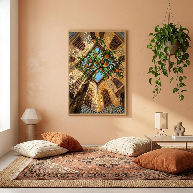 May include: A framed print of a building interior with an orange tree reaching towards the sky. The architecture features intricate details and patterns. The print is displayed on a peach-colored wall, with a rug, pillows, and a hanging plant in the room.