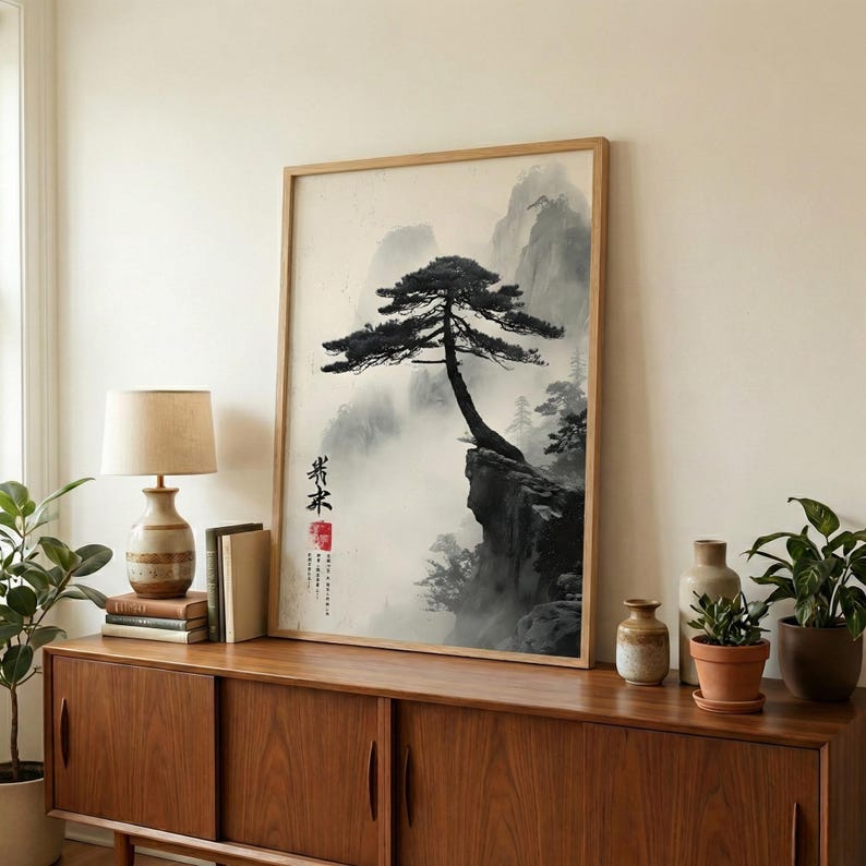 Japanese Pine Tree Sumi-e Art Print, Zen Landscape (digital or Poster ...