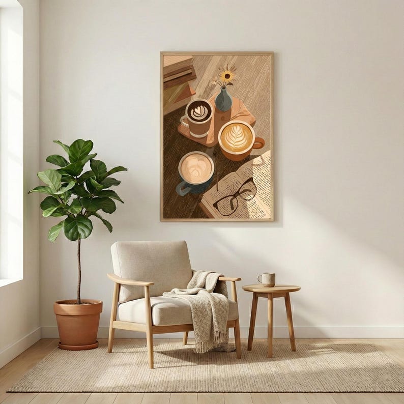 May include: A framed art print depicts a cozy coffee scene. Three coffee cups with latte art sit on a wooden surface with a book and glasses. A small vase with a sunflower is also present. The artwork is displayed above a chair and side table.