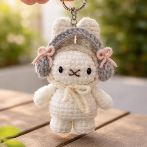 Handmade Crochet Music Bunny Keychain Amigurumi Yarn Plush Bag Charm