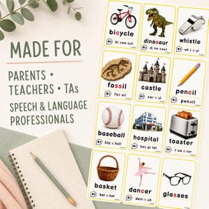 May include: A set of educational flashcards featuring images and words for bicycle, dinosaur, whistle, fossil, castle, pencil, baseball, hospital, toaster, basket, dancer, and glasses. Text reads: MADE FOR PARENTS • TEACHERS • TAs SPEECH & LANGUAGE PROFESSIONALS.