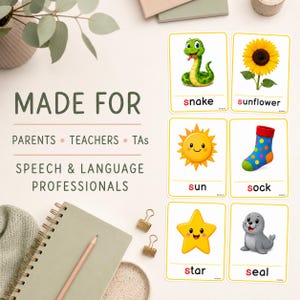 May include: A set of six educational flashcards featuring illustrations of a green snake, yellow sunflower, orange sun, blue polka-dot sock, yellow star, and gray seal, each with its corresponding name printed below with a red letter s.