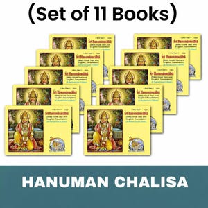 Peut inclure: Un ensemble de onze livres intitulés "Sri Hanuman Chalisa". Chaque livre a une couverture jaune avec une illustration d'une divinité et du texte en anglais et dans une autre langue. Le titre "HANUMAN CHALISA" est affiché en bas.