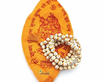 KrishnaTulsi Holy Basil Hand Knotted Mala engraved Hare Rama 10mm japa mala 108 beads Necklace ,Yoga Meditation, Prayer Mala Beads rosary Om