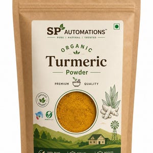 Puede incluir: Una bolsa de pie de papel kraft marrón que contiene polvo de cúrcuma orgánico. La etiqueta presenta el texto SP AUTOMATIONS, Organic Turmeric Powder, Premium Quality, 100% Pure & Natural, Rich in Curcumin y Boosts Immunity con una ventana.